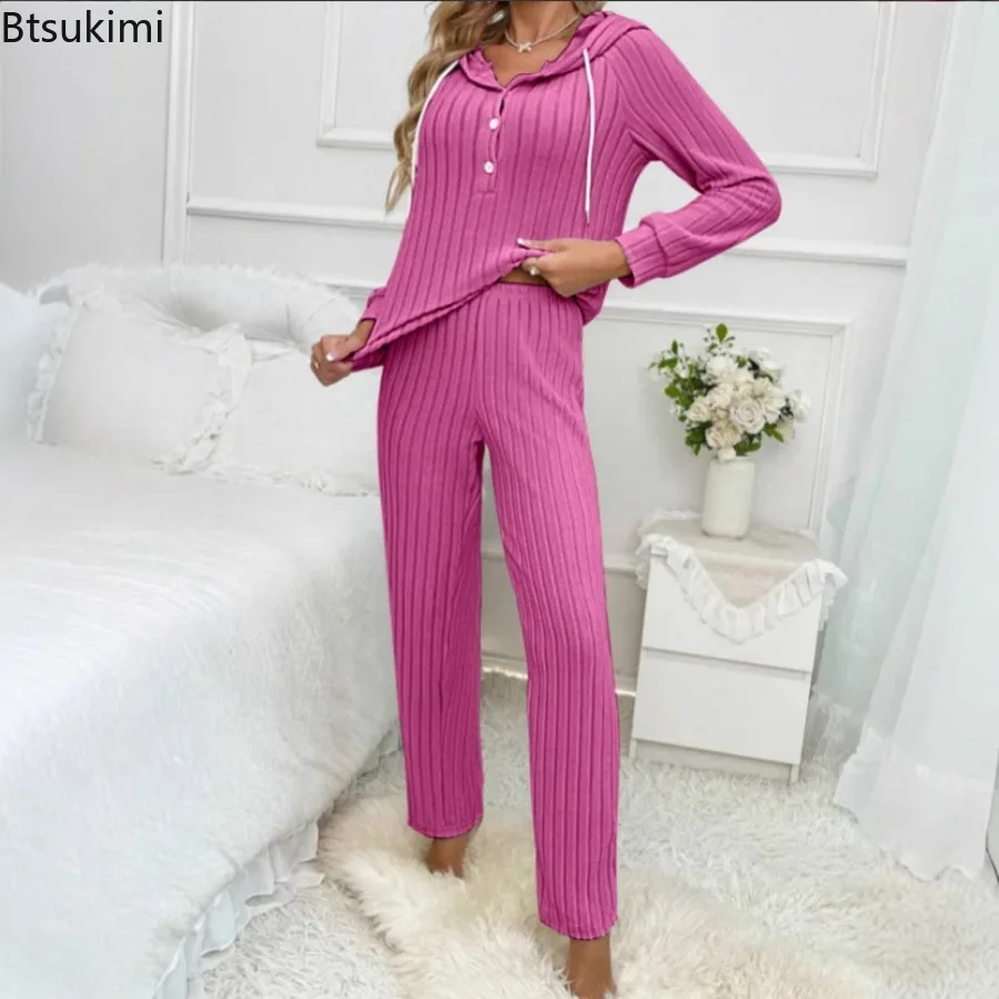 New 2025 Autumn Fashion Women's Long Sleeved Hooded Button Top and Pants Two Piece Set Pit Strip Sanding Ladies Homewear Suit