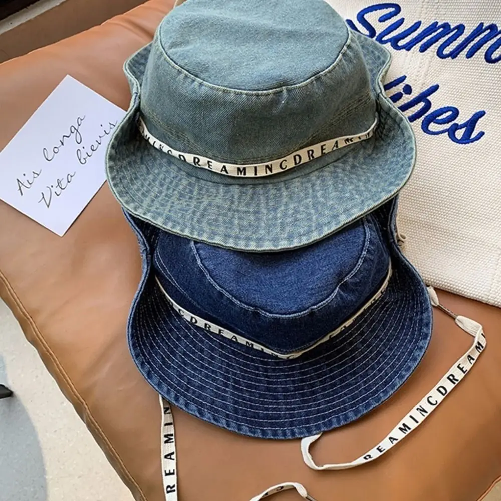 

Retro Big Brimmed Denim Bucket Hat Letter Wide Wings Jeans Fisherman Hat UV Protection Sunscreen Sunscreen Hat Outdoor