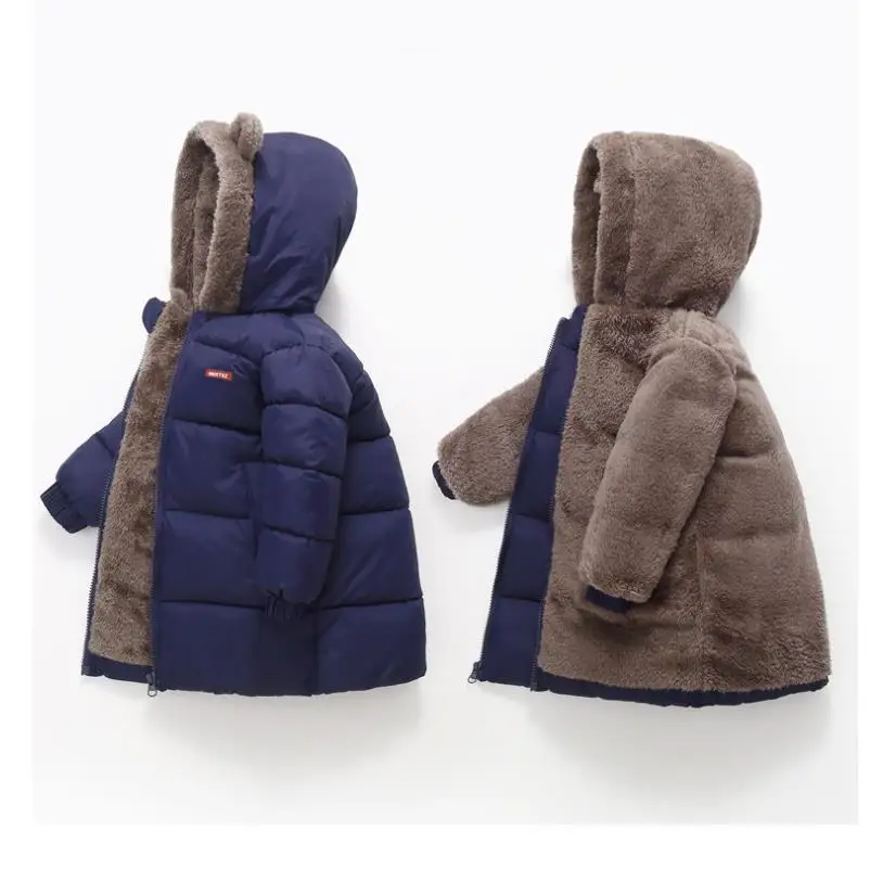 Neue doppelseitige Winter-Daunenjacke für Kinder, Jungen und Mädchen, mittellanger warme Mantel mit Bärenohren-Kapuze. – Detail 8