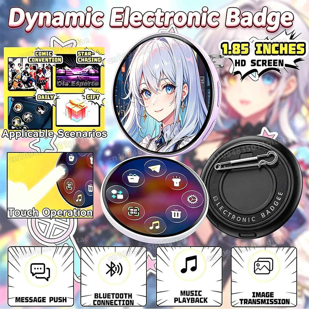

Electronic Badge HD Touchscreen Digital Photo Display Brooch Electronic Badge Anime Pins for Backpacks Christmas Boys Girls Gift