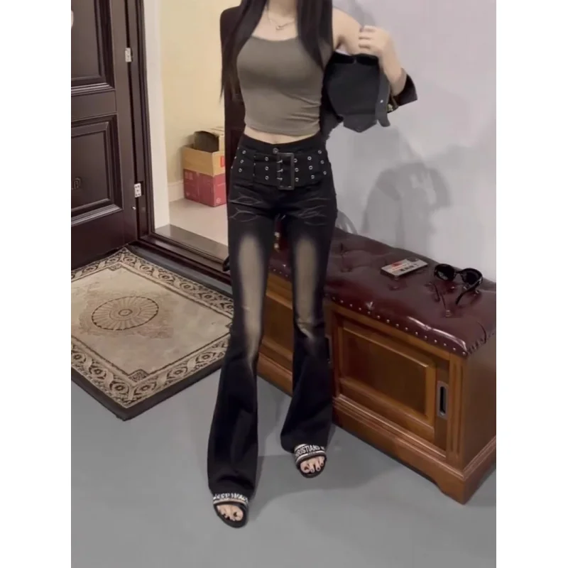

Vintage Gradient Flared Jeans Women, Autumn Design, American Style, High Waist, Stretchy,, Floor-Length Pants