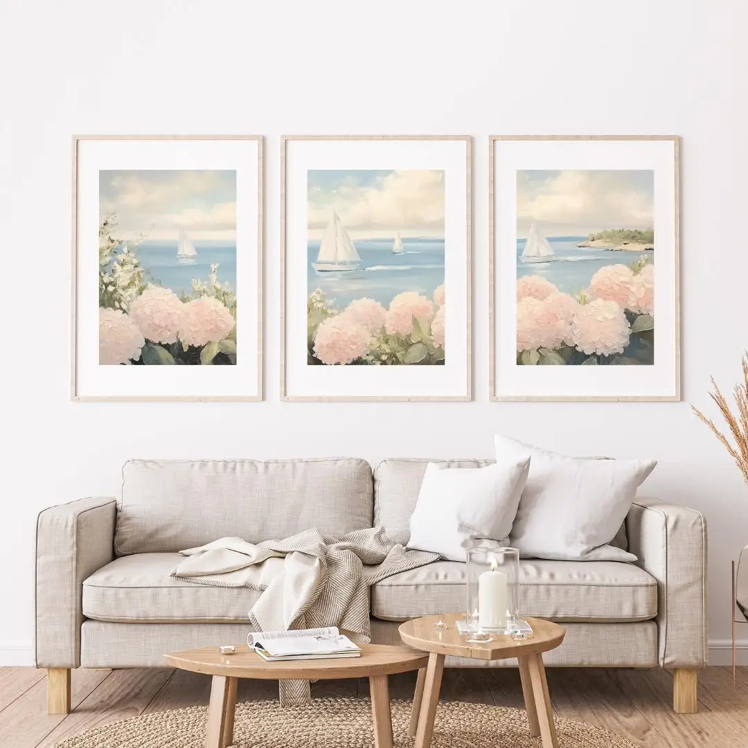 3pcs frameless Canvas Painting Pink Hydrangea & Sailboats Triptych Coastal Beach Wall Art Set Print Set Canvas Poster Prints Hom