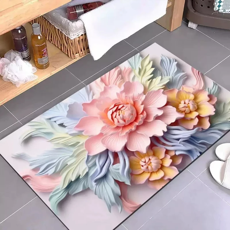 3D Floral Printed Super Absorbent Bath Mat Anti Slip Entrance Door Mats Bathroom Living Room Carpet Waterproof Toilet Floor Rug