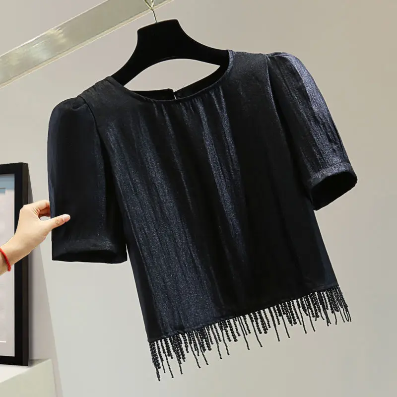 

Nail bead fringe bubble sleeve summer Korean slimming high waist short cut solid color bright face short sleeved T-shirt