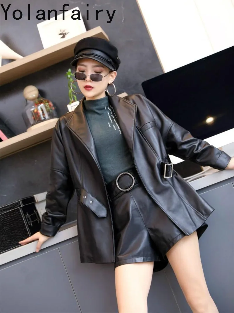 YOLANFAIRY Real Sheepskin Coat Woman Autumn Slim-fit Genuine Leather Jacket Women Mid-length Elastic Waist Leather Jackets Belt