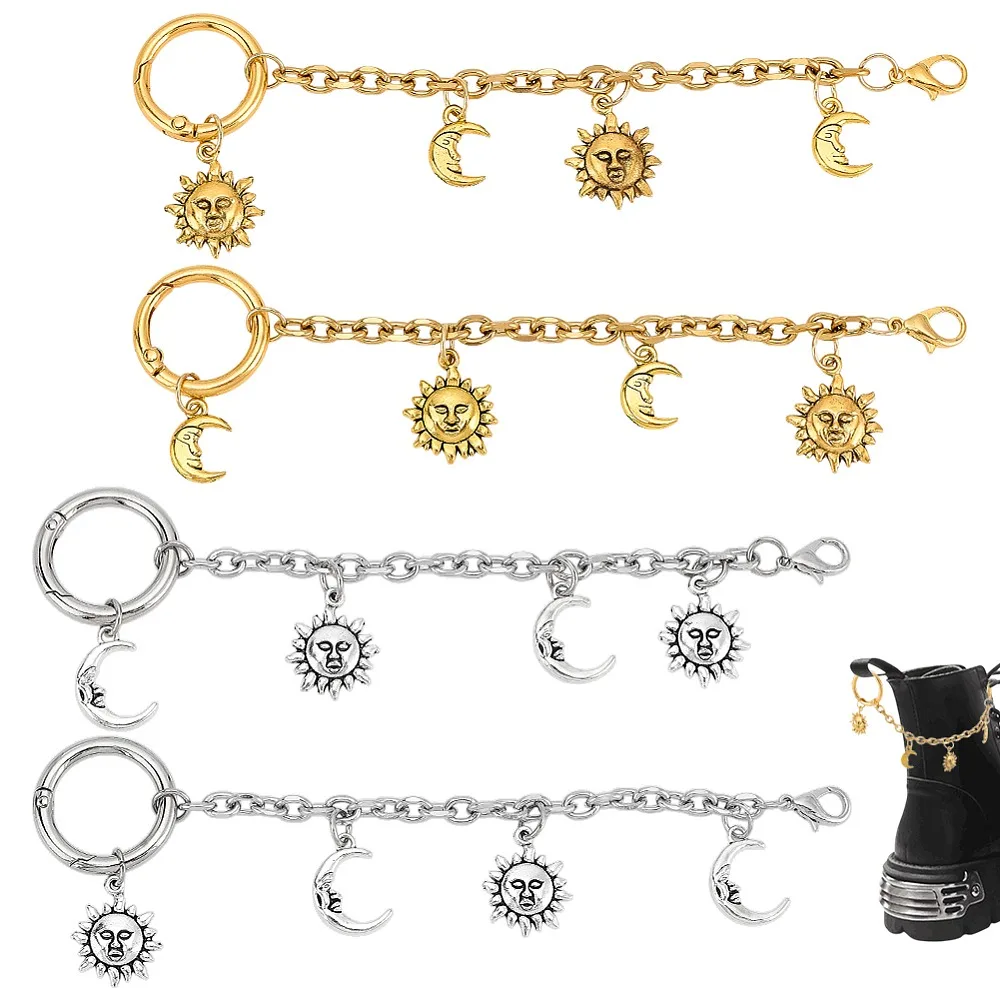 4 Piezas, 2 Colores, Cadenas para Botas de Acero Inoxidable 304, Sol y Luna con Colgantes de Aleación, Platino Dorado, 160 mm, 2 Piezas por Color