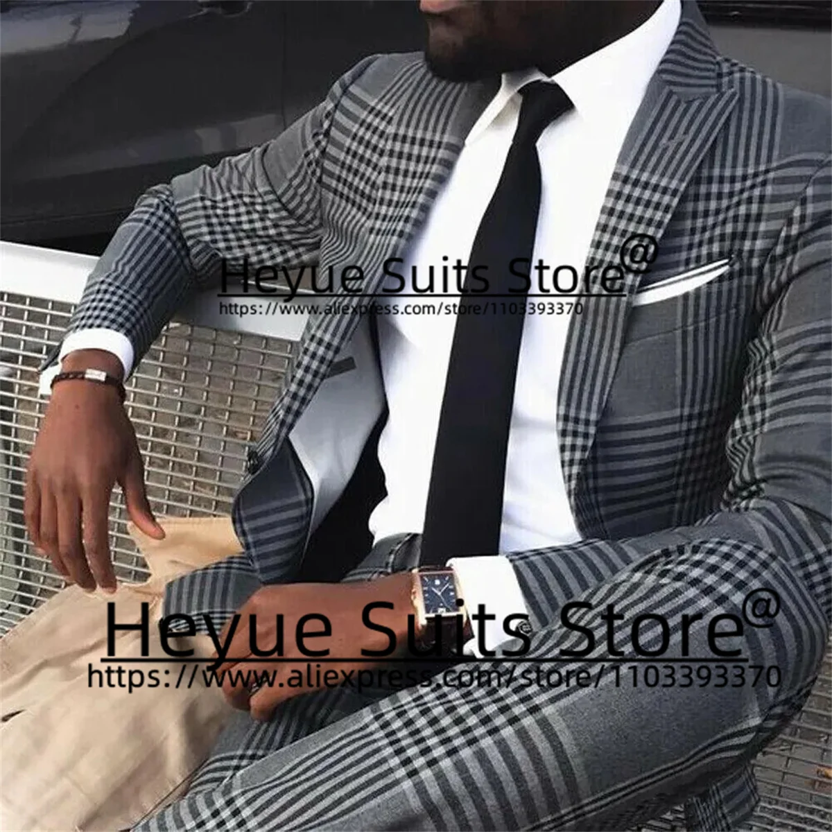 

Business Gray Houndstooth Men Suits Custome Elegant 2 Pieces Sets Slim Fit Peak Lapel Prom Party(Jacket+Pants)Trajes De Hombre