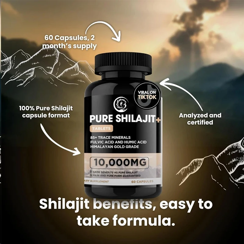 Pure Shilajit capsules, containing trace minerals, provide energy and immune support, suitable for both men and women