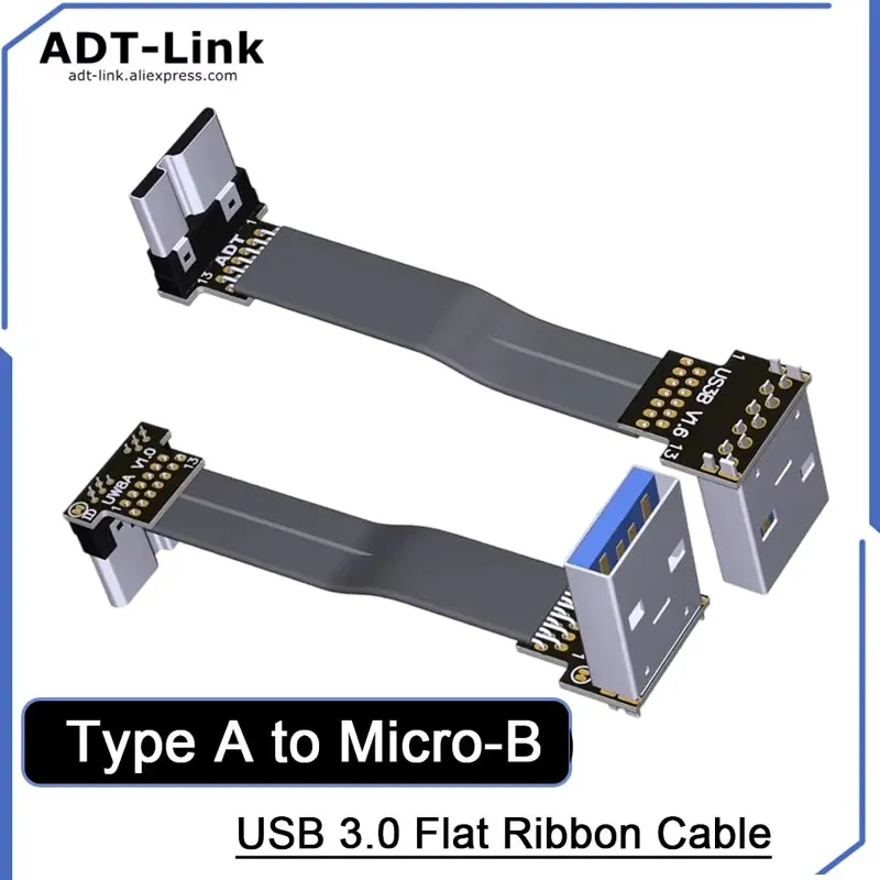 ADT-Link USB 3.0 Flat Extension Cable Type-A  to Micro-B Extend Adapter Double Bend Angle for Industrial Camera Hard Drive Box