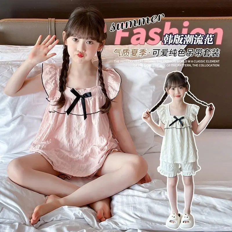Kawaii Girls Sling Pajama Set Ruffle Fly Sleeve Bow Decor Bubble Fabric Shorts Sleepwear Soft Breathable Summer Cute Loungewear