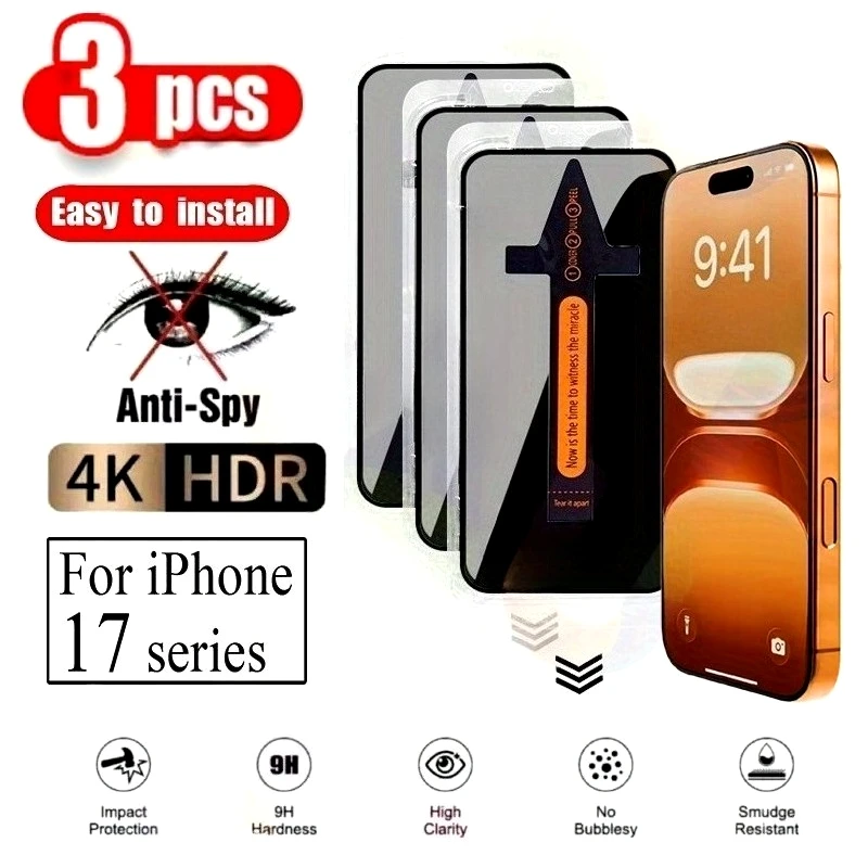 

3Pcs Full Cover Privacy Tempered Glass for iPhone 17 16 15 14 Pro Max 17 Air 13 12 11 Pro 14 15 16 Plus XR XS Easy Install Glass