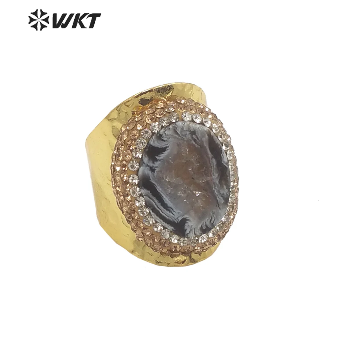 WT-R446 Amazing 18k Gold Plated Resist Tarnishable Natural Geode Agate Ring Women Wide Band Stone Cocktail Party Decorated