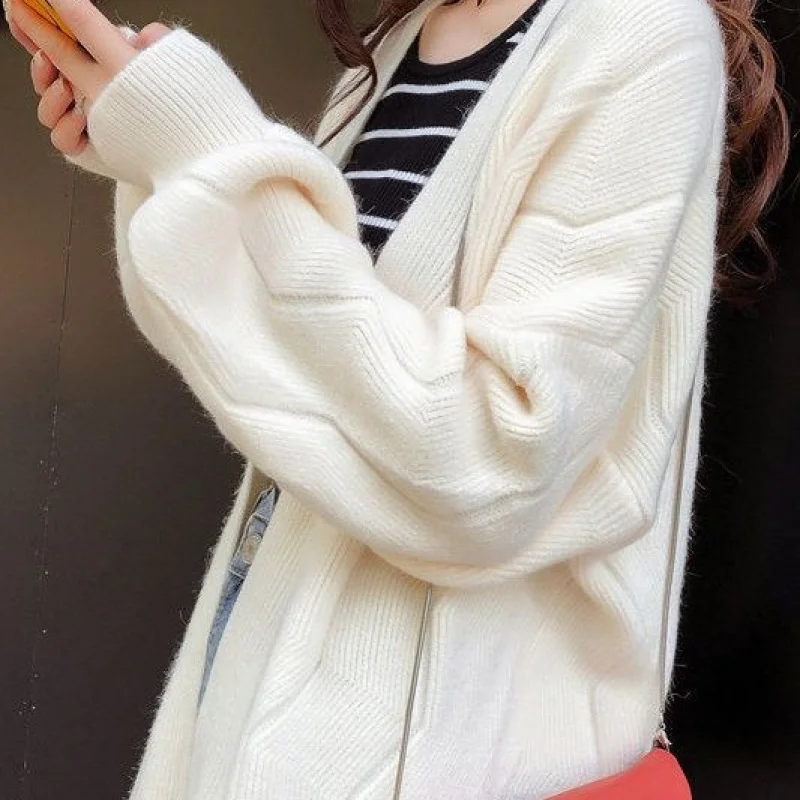 

Весенне-осенний новый модный свитер, женский кардиган средней длины, свободная верхняя одежда в корейском стиле, вязаный ленивый стиль