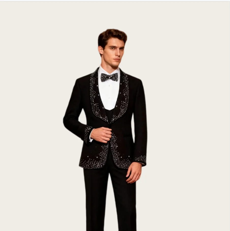 Wedding Men's Suits Luxury 2 Piece Set Tuxedo Shawl Lapel One Button Groom Suit with Beading Prom Slim Fit Blazer Customized