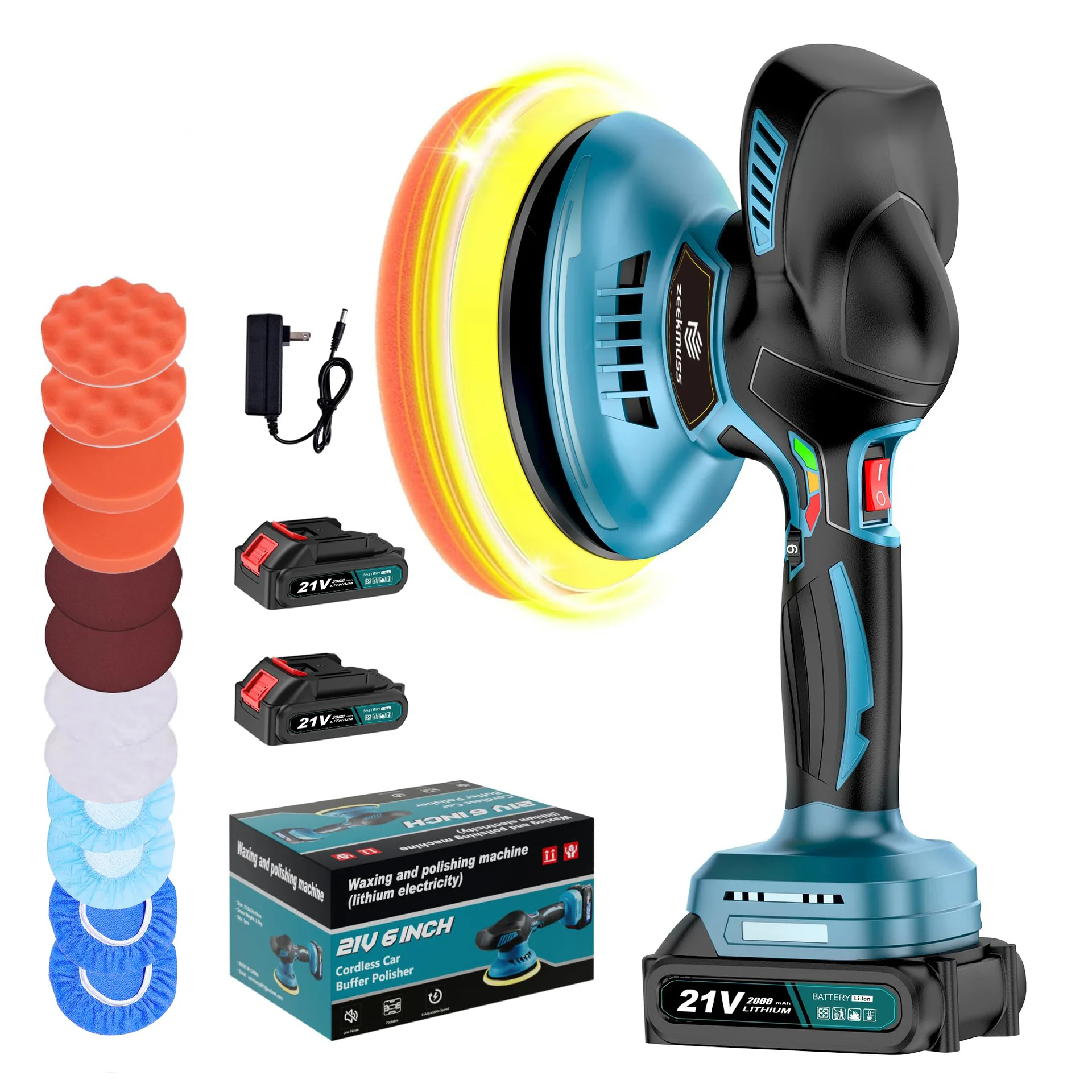 21V Cordless Car Polisher with Brushless Motor, 6 Variable Speed Waxing Buffing Machine for Paint Scratch Repair and Auto