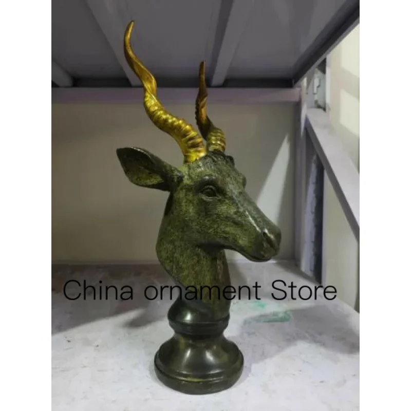 

33cm Rare Antique Bronze Carved Lucky Goat Ram Antelope Head Horn Statue