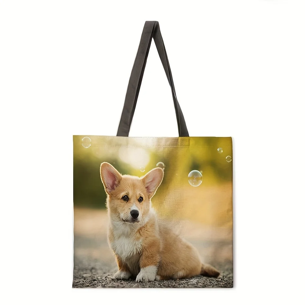 Oil Painting Corgi Handbag, Casual Style Foldable Shopping Bag, Women's Shoulder Bag Tote Bag