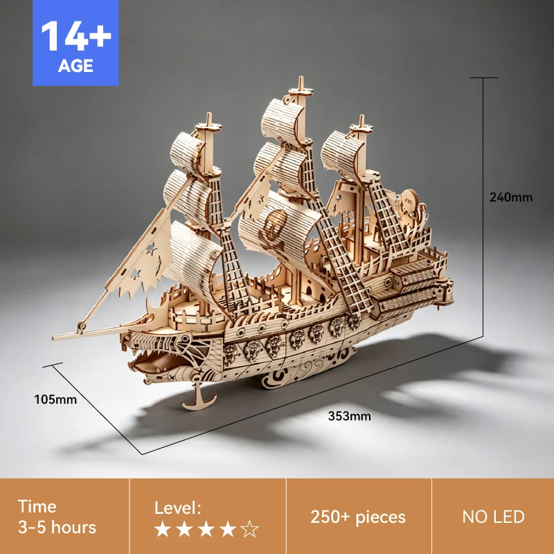 Premium Wooden Vintage Pirate Ship 3D Puzzle Realistic Model Desktop Decor Collectible Gift for Nautical Fans