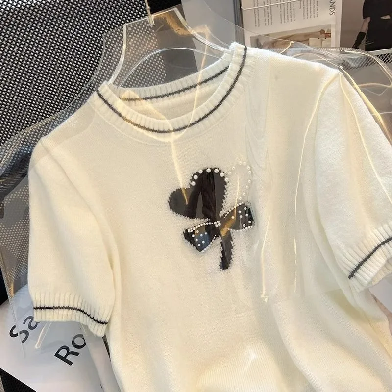 Summer Women's Short-Sleeve Knit Blouse White Embroidered Heart Bow Pearl Accents with Black Trim Casual  Elegant Tops