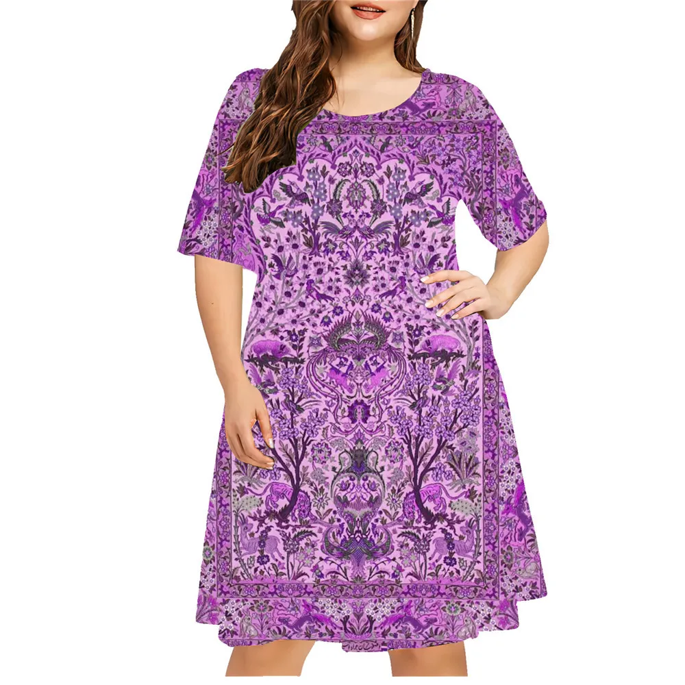 Ethnic Style Pattern 3D Print Dress Women Plus Size Casual Short Sleeve Loose A-Line Dress Summer Vintage Ladies Large Sizes 6XL