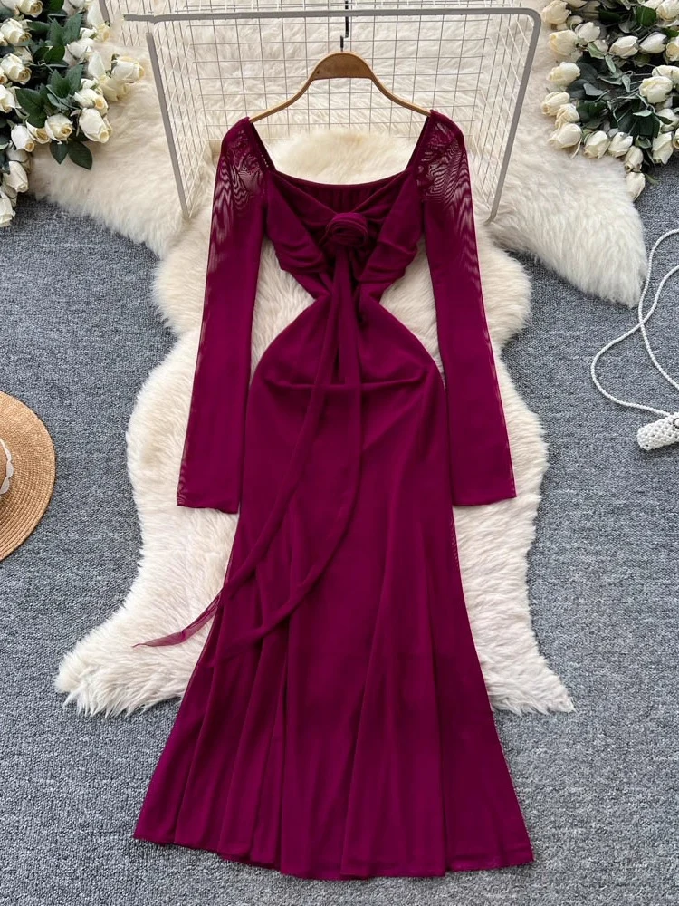 

Марлевые платья с квадратным воротником и 3d цветами, женское темпераментное однотонное платье Femme 2025 Vestidos De Mujer, туника трапециевидной формы, винтажное платье макси