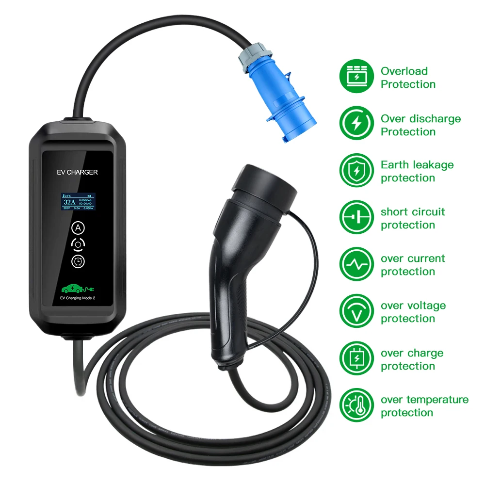 Isigma New Type 1 J1772 Type 2 EV Charger 32A 7.6kw IEC 621962 16A 26A 32A Adjustable Voltage110V-450V Home Use Charging 5m Long