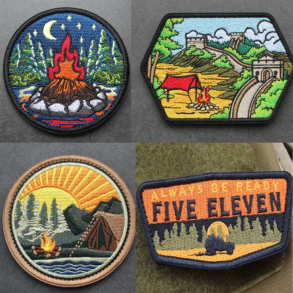 

New Moonlight Night Campfire Outdoor Scenery Great Wall Bag Badge DIY Armband Large Morale Hook Loop Backpack Jacket Patch