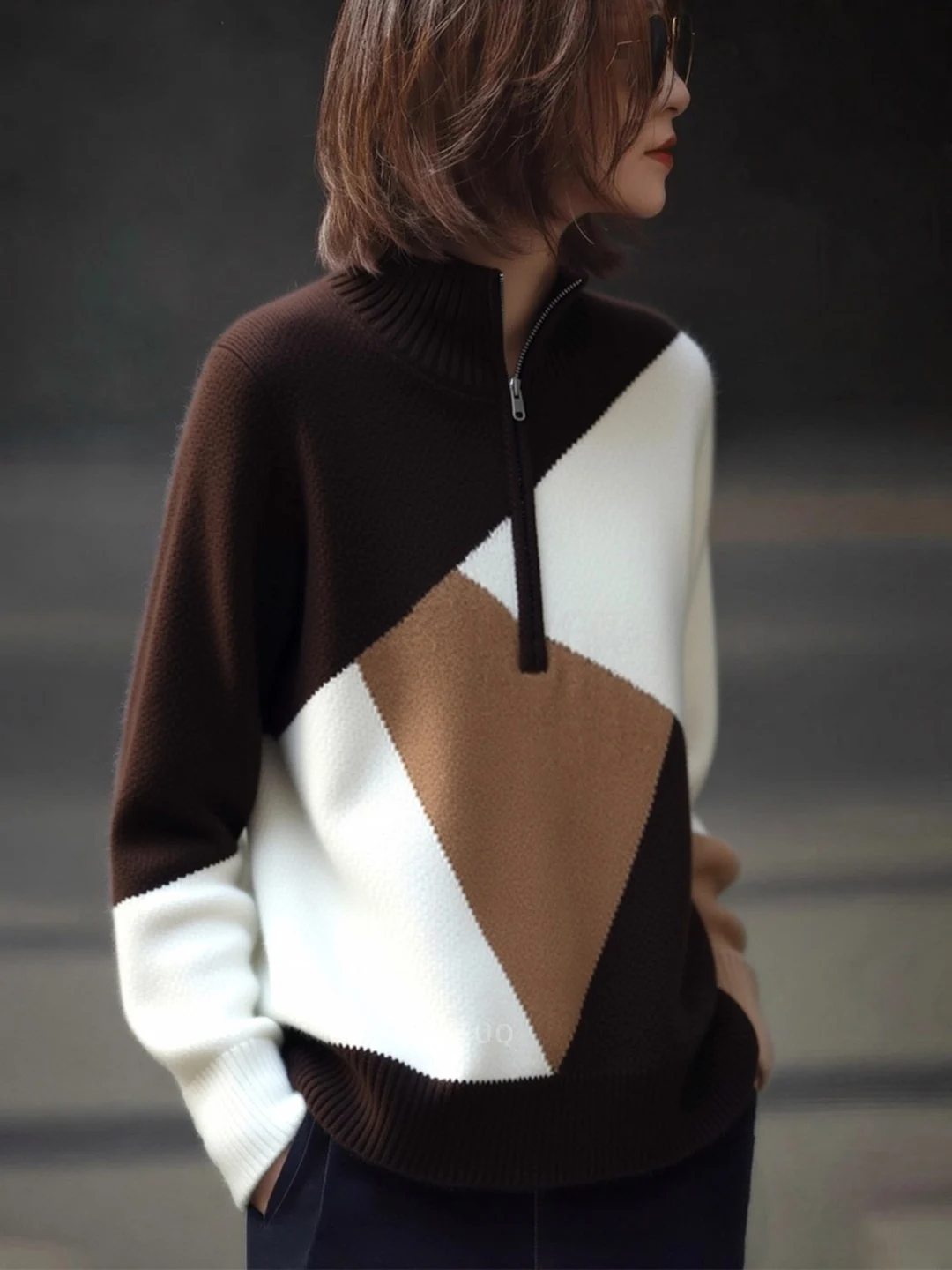 

Winter 2025 Thiened Warm Knitted Sweater Commuter Sle Retro Color Blo Large Collar Women's Faionable Inner Wear