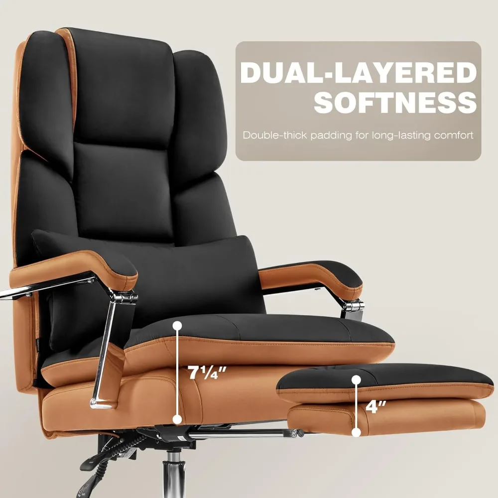Krzesło biurowe skórzane, rozkładane, o dużej wydajności, udźwig 227 kg (500 lbs), dla osób wysokich i o dużym wzroście, z podnóżkiem i szerokim siedziskiem zapewniającym komfortowe siedzenie przy biurku.