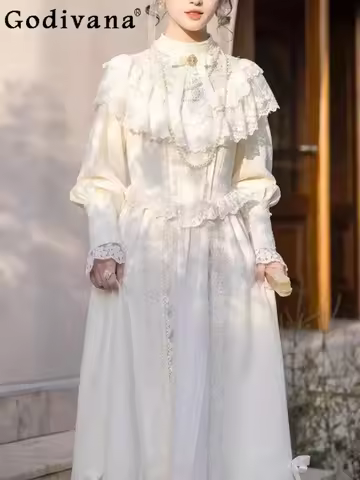 French Court Style Vintage Dress Op Female Sweet High Waist Slim-Fit Elegant Fashion Long Dress Autumn Maxi Evening Dresses