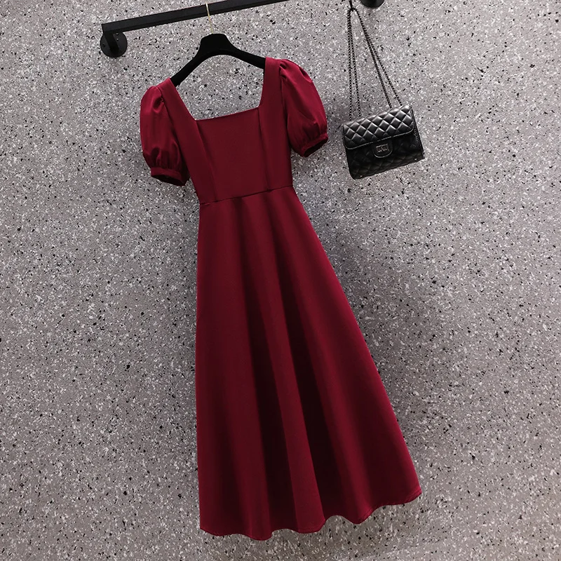 Women Long Dress Summer Female Square Collar Short Sleeve Large Size L-4XL Elegant A Line Pleated Polyester Vintage Red Vestidos