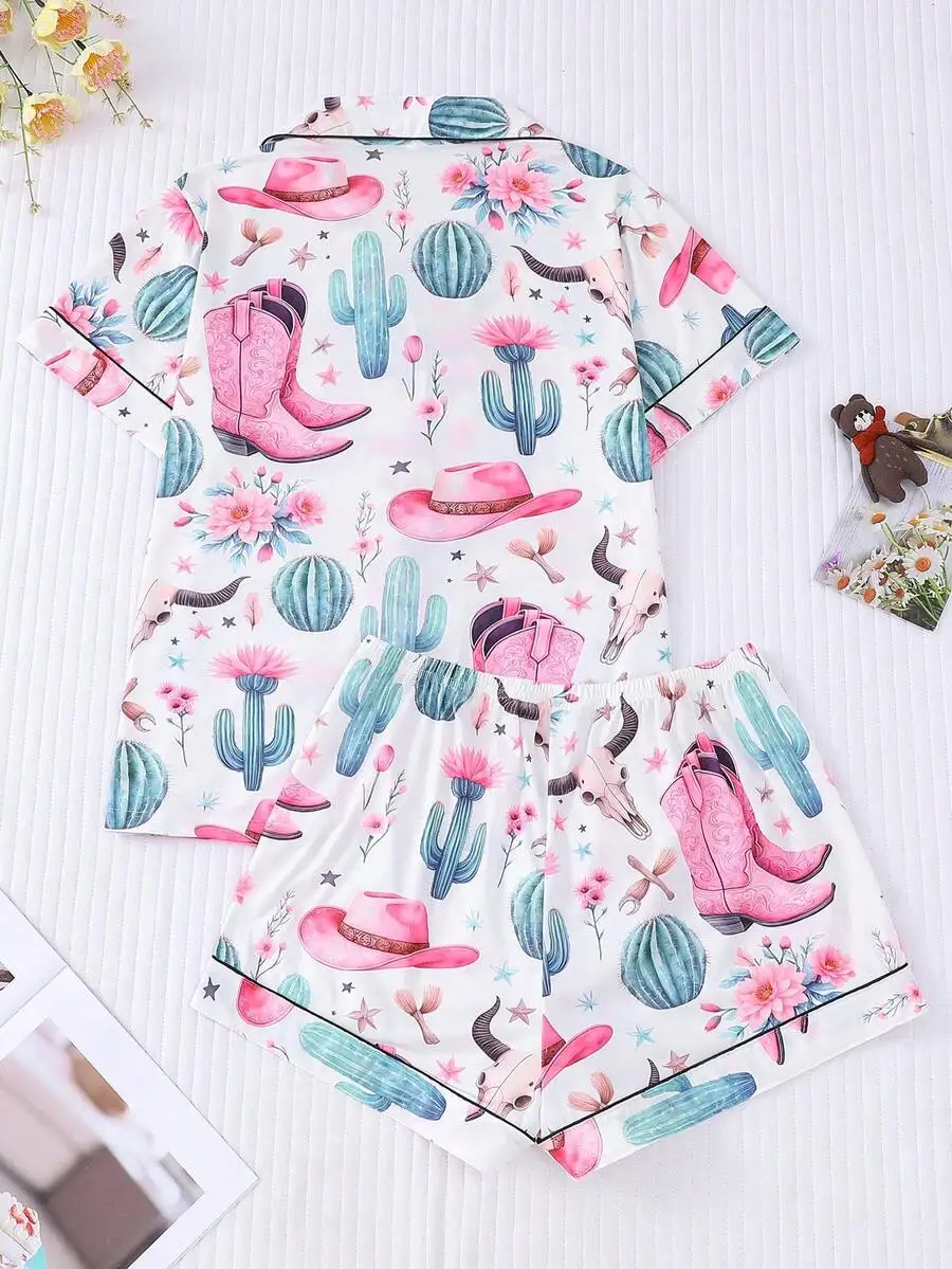 

2-Piece Western Print Pajama Set For Women Short Sleeve Shirt And Elastic Waist Shorts