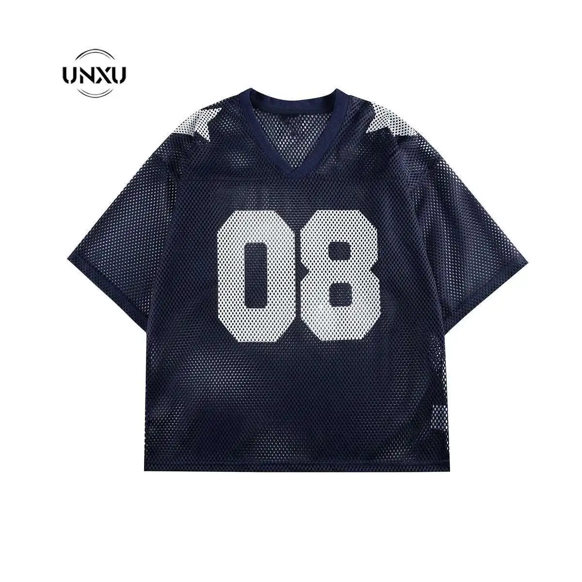 

Man Women T-shirt American Printed Hollow Mesh Cover V-neck Short Sleeved T-shirt For 2025 Summer Loose Sports Jerseys
