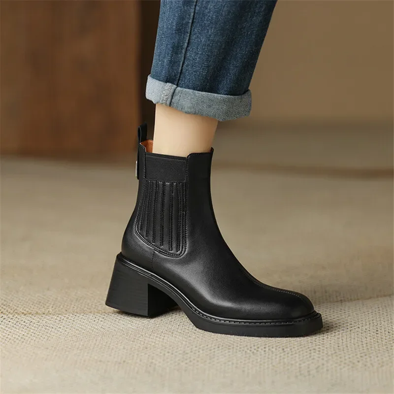 New Autumn Split Leather Women Boot Square Toe Short Boots for Women High Heels Winter Boots Women Chelsea Boots Ladies Shoes