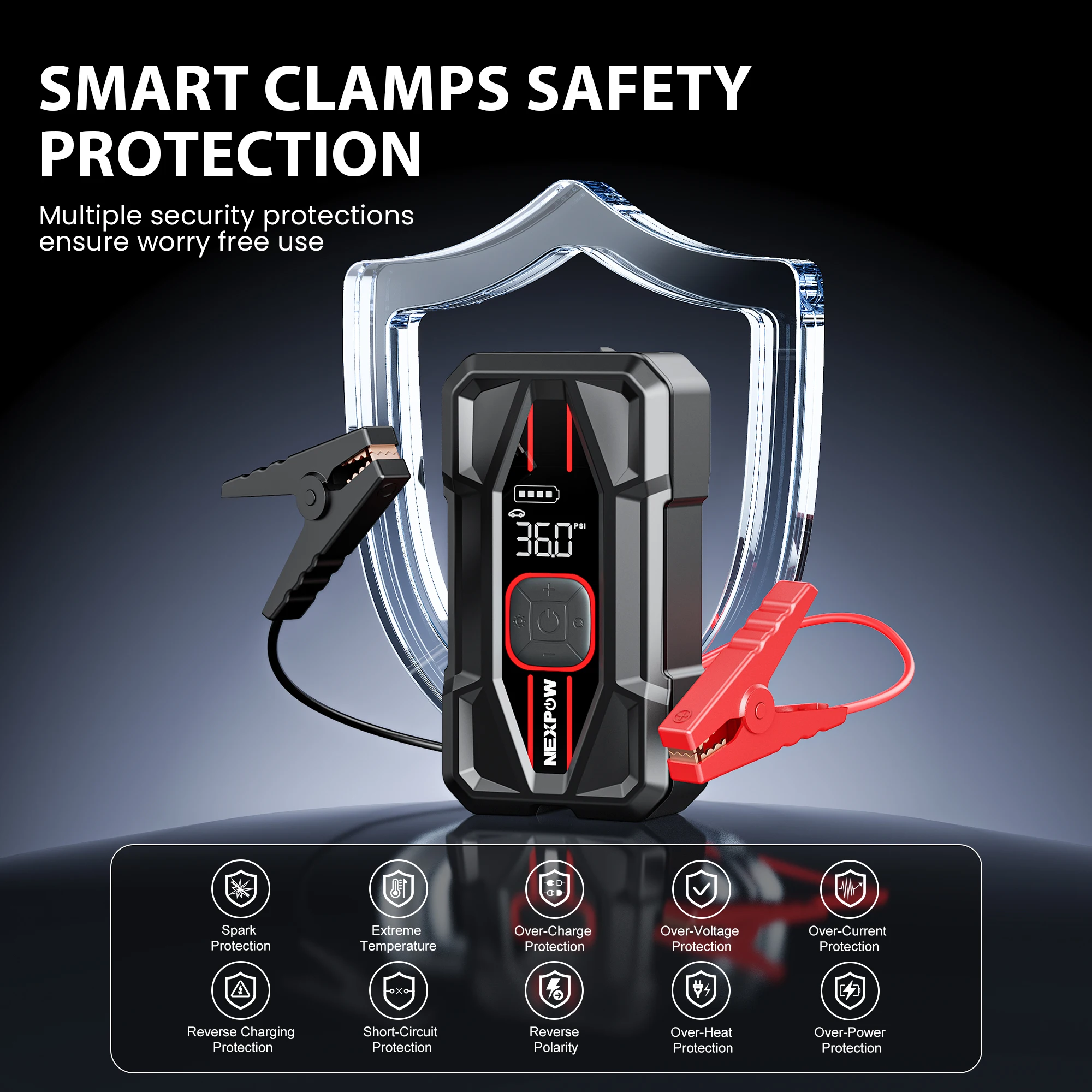 NEXPOW 3000A Car Jump Starter وضاغط الهواء - معزز بطارية محمول 12 فولت 59.2 وات في الساعة مع شحن سريع PD 30 وات، مضخة هواء 150 رطل لكل بوصة مربعة، S