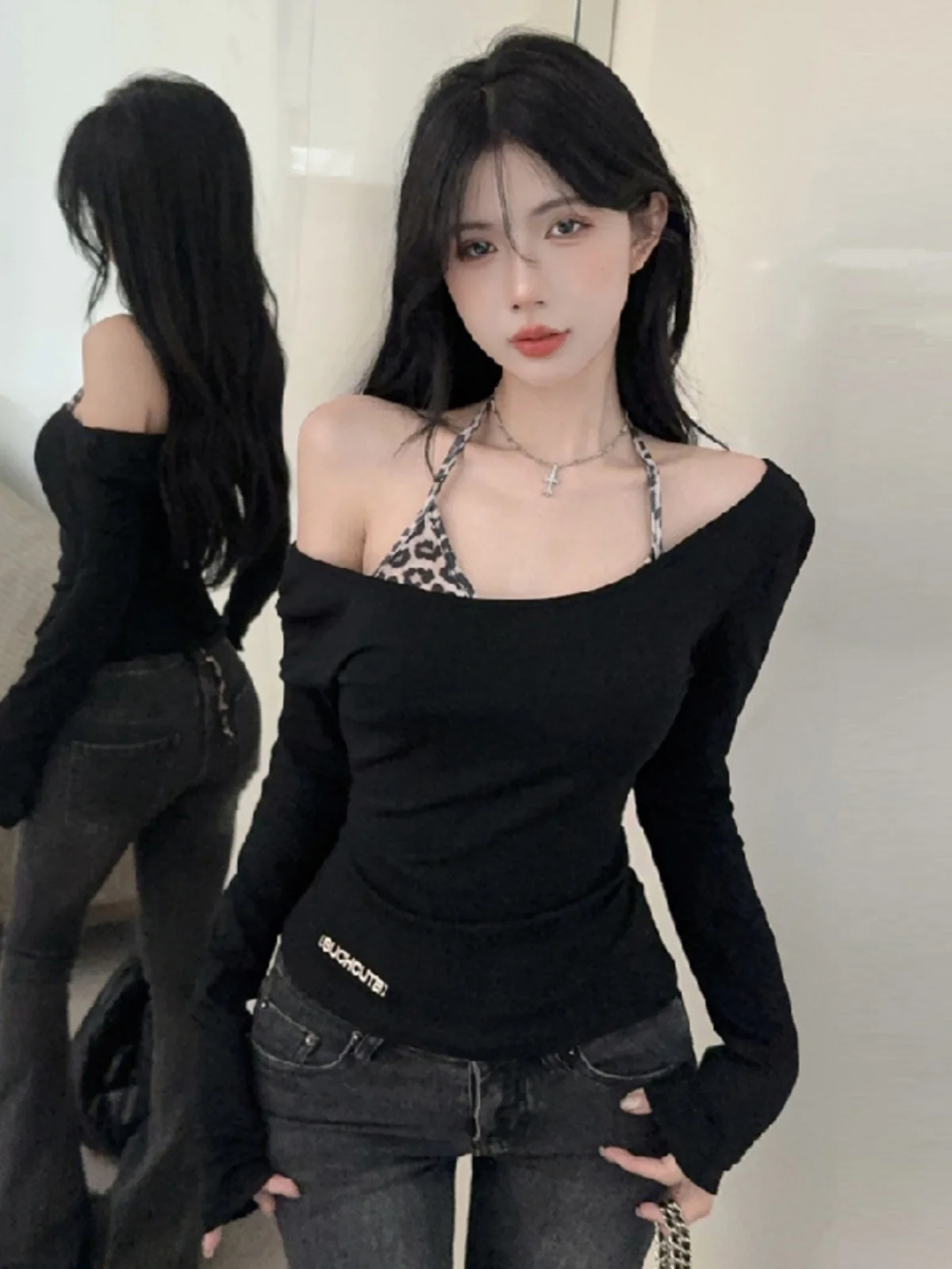 

Комплект женской модной одежды больших размеров: футболка с леопардовым принтом и топ с прямым кроем в корейском стиле, стройнящий дизайн