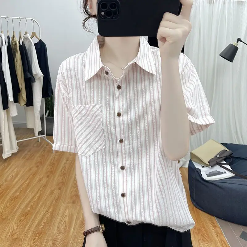 2024 New Summer Retro Korean Style Simplicity Office Lady Loose Women\'s Shirt Print Button Pockets Lapels Short Sleeve Y2K Tops