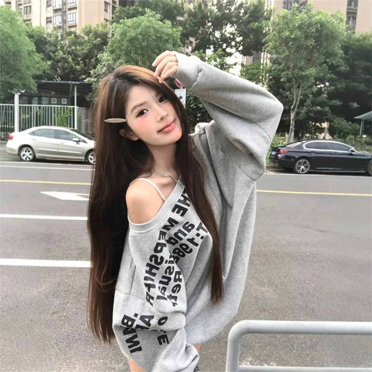 Y2k sexy oversize truien dames streetwear print off-shoulder lange mouw basic top dame herfst winter Koreaanse mode sweatshirt