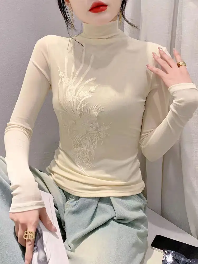 S-4XL Embroideried Floral Mesh Slim Fit High Elastic T Shirt Women Autumn Winter Solid Color Turtleneck Slim T-shirts FF0885