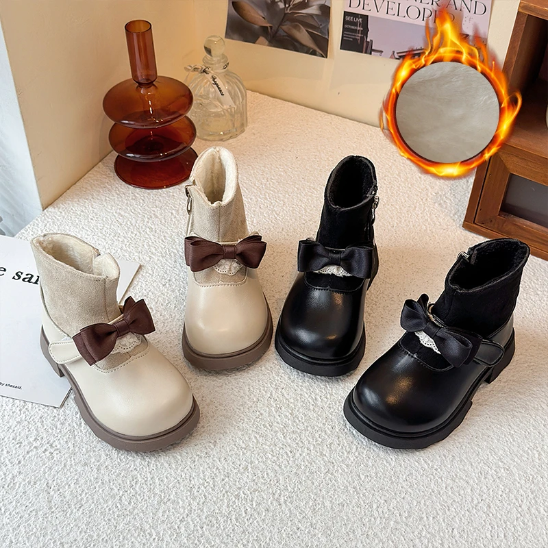 Winter New Children's Boots for Girls Warm Princess Fashion Ankle Plush Boots Sweet Bowknot Kids Cotton Boots for Wedding Party