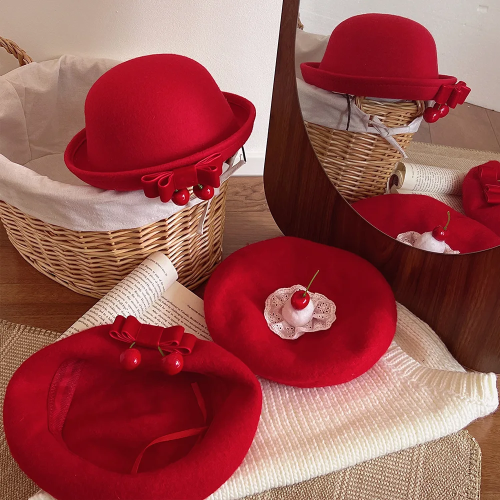 

Cherry red wool beret painter hat female christmas new year festive atmosphere versatile autumn and winter bud hat