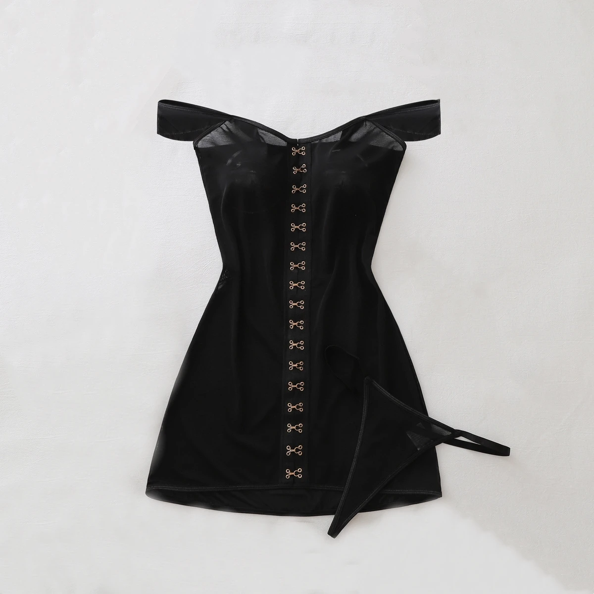 One-shoulder Sheer Mesh Exotic Dresses Women's Metallic Button-up Figure-hugging Lingerie Set Sexy Off-the-shoulder Thin Skirt