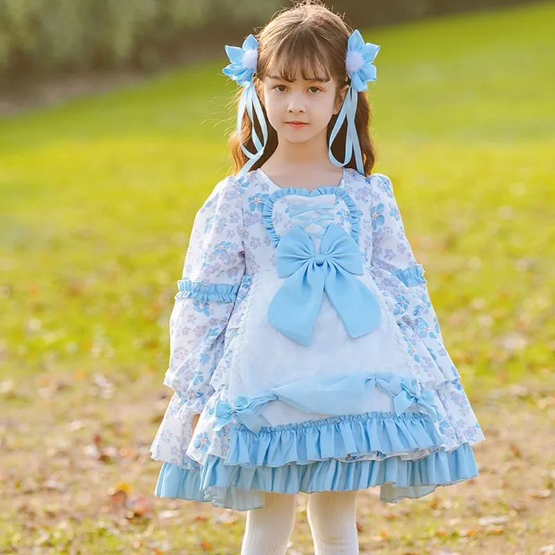 Long sleeved floral bow new children's Lolita fresh cake princess dress