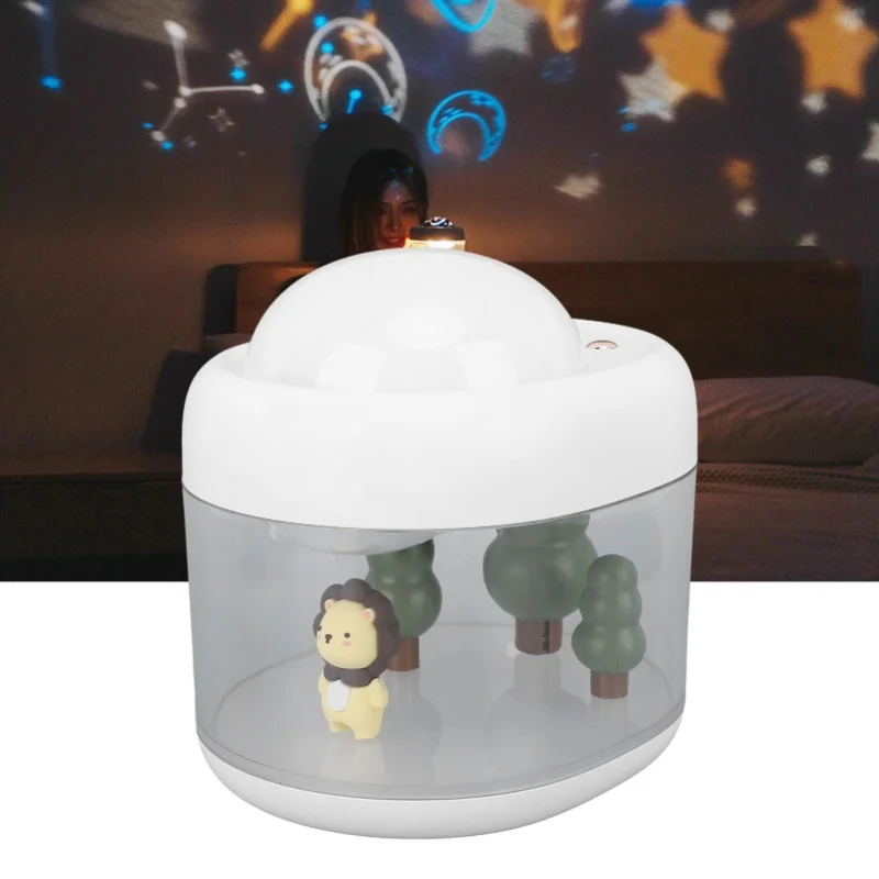 USB Rechargeable 500ml Mist Humidifier with Landscape Lion Doll Projector for Home Bedroom Air Humidifier DC5V for Kids