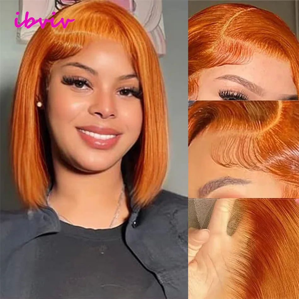 Peluca Bob corta delantera de encaje 13X4 naranja jengibre india # 350 pelucas frontales transparentes del cordón recto 13x6 cabello humano para la mujer negra
