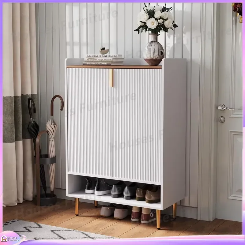 7-Tier Modern White Shoe Cabinet with Grooved Doors Tall Wooden Shoe Storage Organizer for Entryway Hallway Bedroom Closet