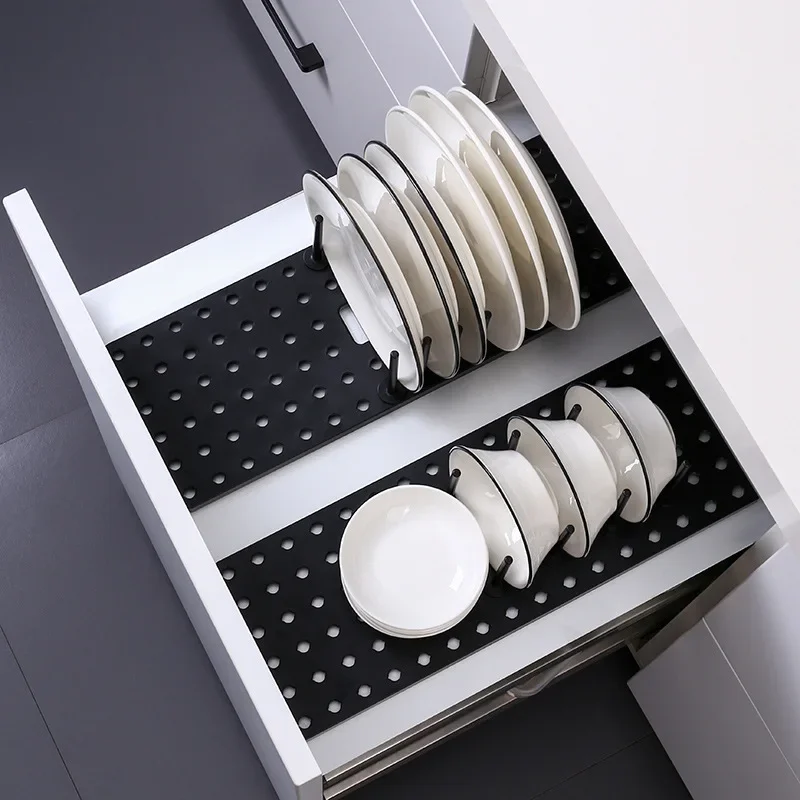 Estante de secado de platos telescópico, soporte de almacenamiento de tapa de olla, organizador de cocina ajustable, cajón separado