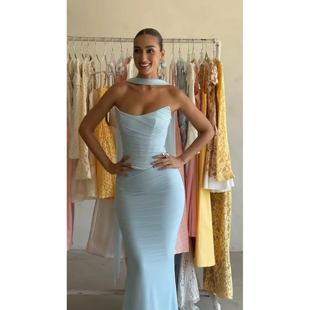 

Sky Blue Strapless Sleeveless Gorgeous Prom Dress Slim Fit Mermaid Women Party Gown Solid Color Banquet Custom Dresses