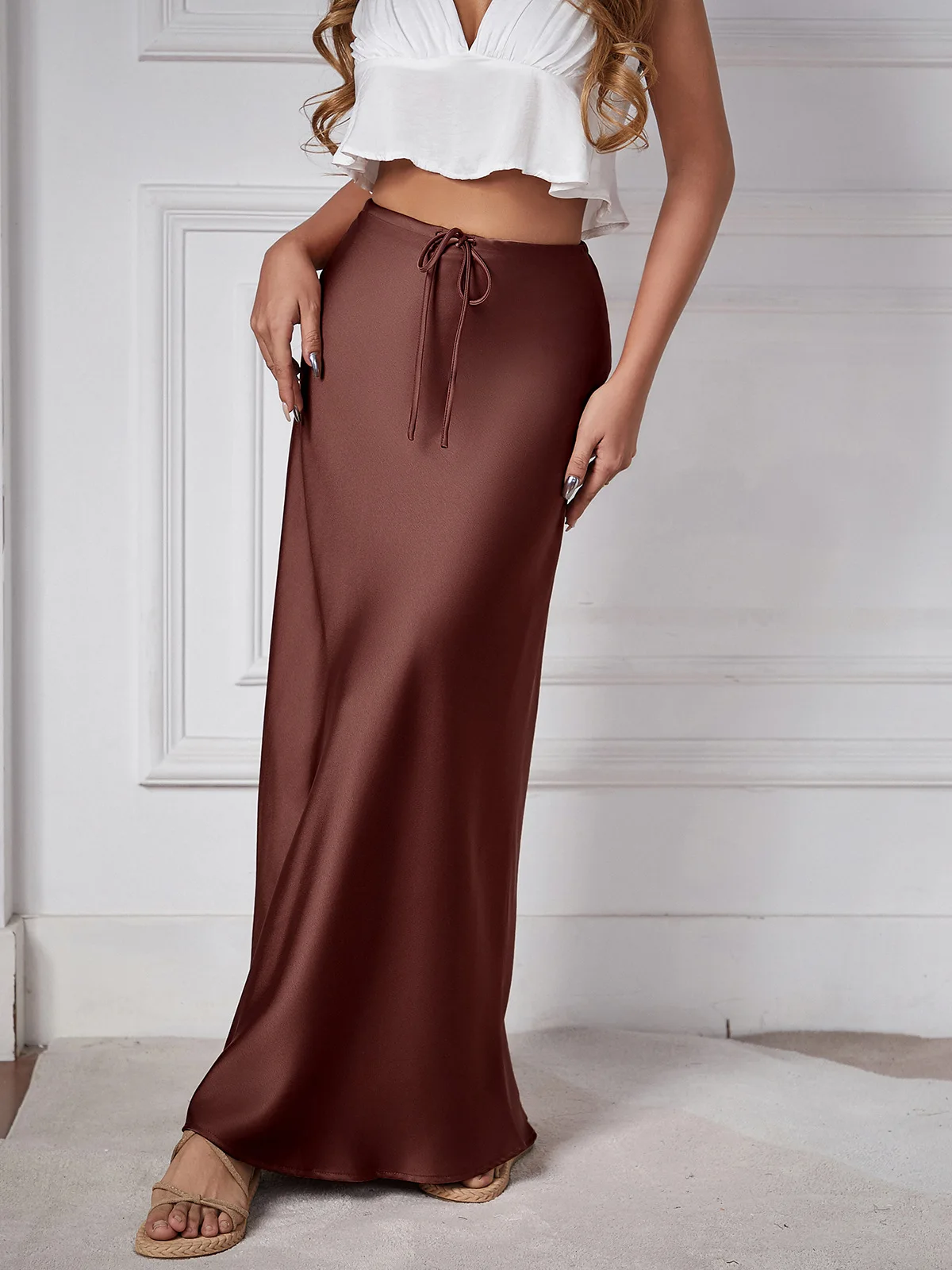 Summer Casual Lace-Up Maxi Skirt For Women Patchwork Slim High Waist Solid Elegant Bandage Pleated Female Long Skirt 2024