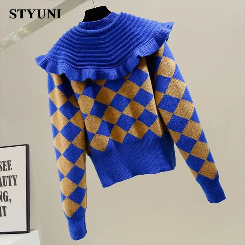 Peter Pan Collar Patchwork Argyle Vinatge Acrylic Knitted Women's Cardigan Long Sleeve Single-breasted Winter Female Sweaters